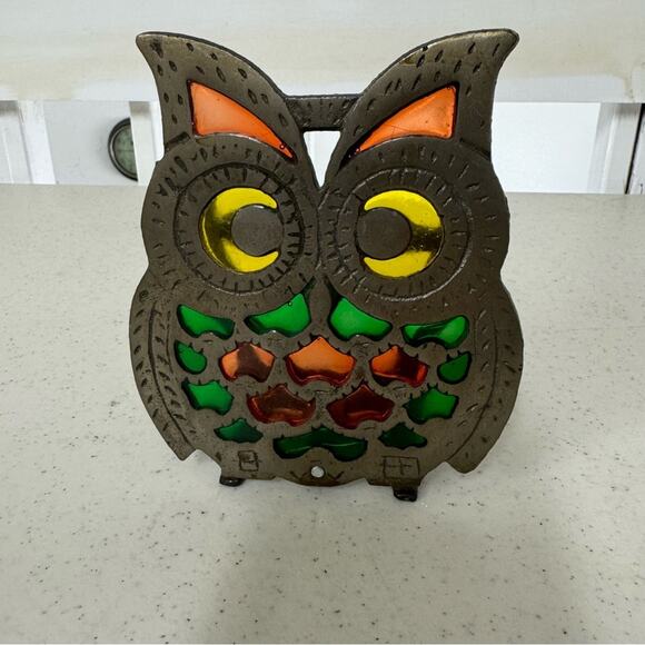 Vintage Metal Stained Glass Owl Figurine Shelf Sitter Decor Orange Green Fall - Picture 1 of 5